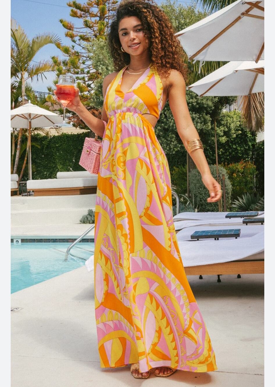 Show Me Your Mumu Marisol Maxi Dress Pink Orange Cutout Halter - M NWT Resort